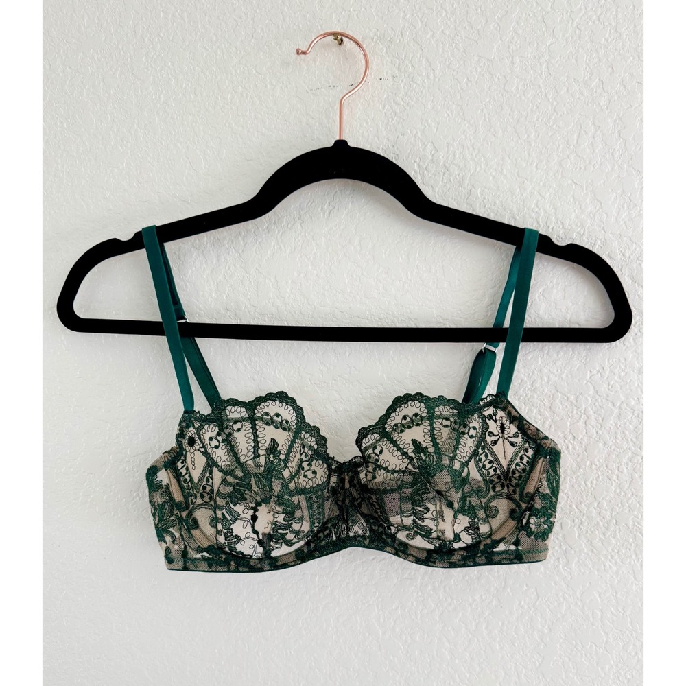 I.D. Sarrieri Balconette Bra Womens 34C Green Good Embroidered Lace Sheer